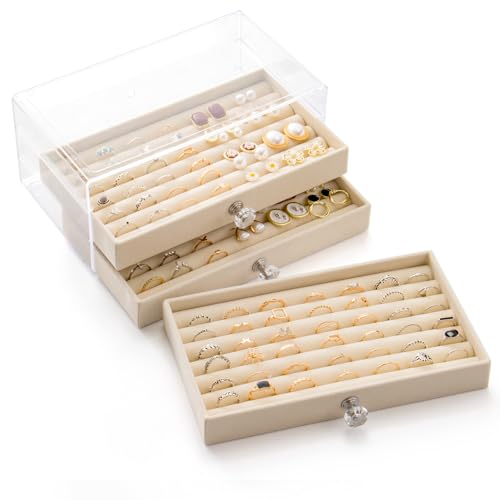 SPAKOWN Ring Box Display Holder, Clear Velvet Jewelry Storage Tray Organizer for Ring Stud Earring (Beige - 3 Drawers)