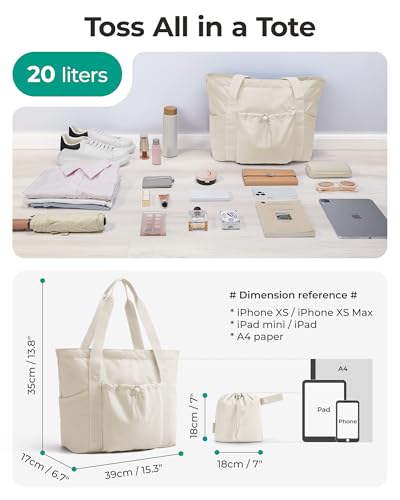BAGSMART Foldable Tote Bag with Drawstring Bag, Large Tote Bag Shoulder Bag Top Handle Handbag for Travel, Work, Beach, Gym