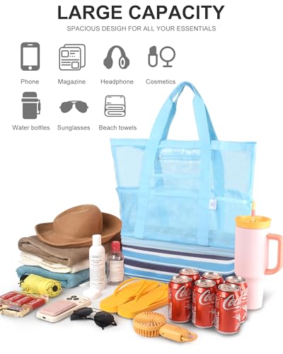 Genteen Sandproof Mesh Beach Bag with Detachable Cooler, Waterproof Zipper Tote Bag for Women Swim Pool Vacation Travel