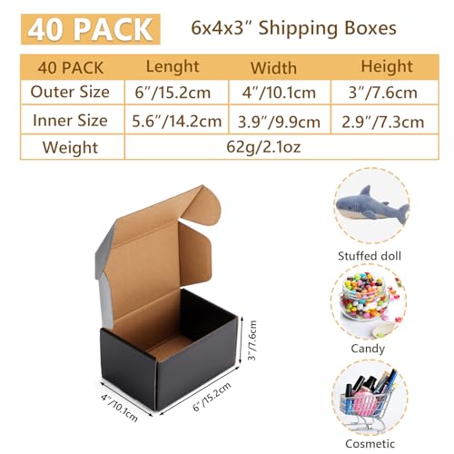EXYGLO 40 Pack 6x4x3 Shipping Boxes, Black Corrugated Cardboard Boxes for Packaging Small Business, Moving, Shipping, Mail...