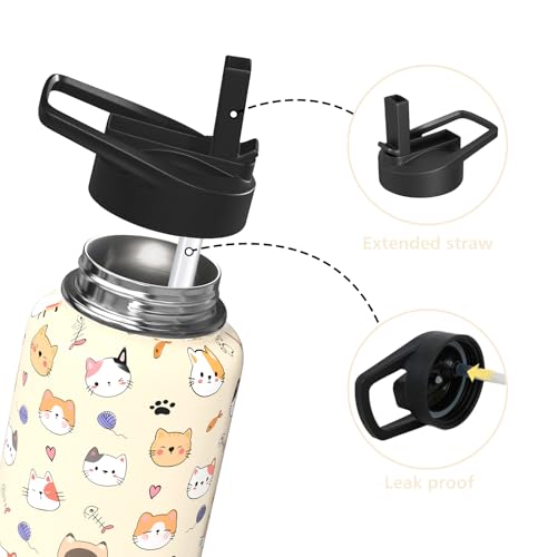 Sabobo 18oz Cats Water Bottles with Flip Straw & Spout Lid, Double Wall Stainless Steel Travel Sport Bottle, Cream Gym Gif...