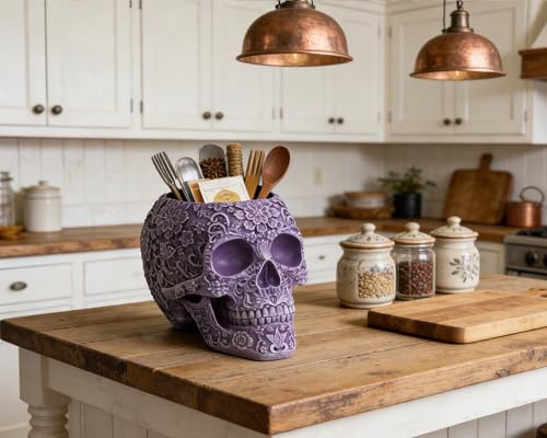 BOIHEGU Skull Bowl Decorative Skull Vase Makeup Brush Pen Holder Organizer Dresser Gothic Table Organizer Decoration, Purp...