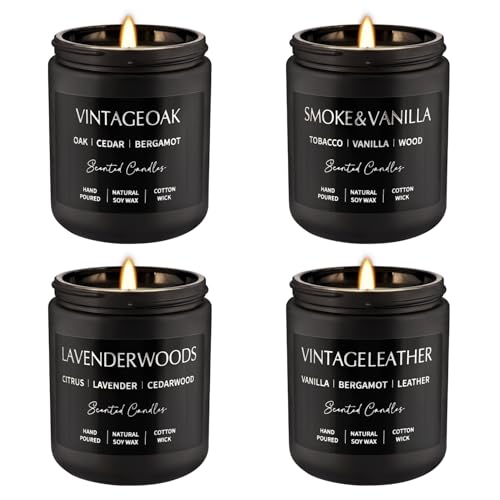 Scented Candles Gift Set - 4 Pack (7oz Each) Soy Wax Aromatherapy Candles with Essential Oils, Smokeless - Leather & Smok...