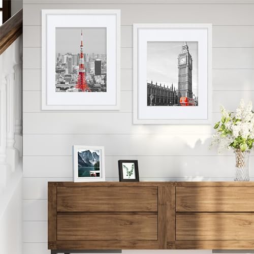 Hongkee 11x14 Picture Frames set of 3, Made of Glass and White Wooden Photo frame - Displays 8x10 Picture with Mat or 11 x...
