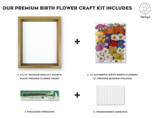 Twodays Birth Flower Mother's Day Craft Kit for Mom/Grandma - 33 Real Pressed Flowers Art DIY Set, With 8x10 Double Glass ...