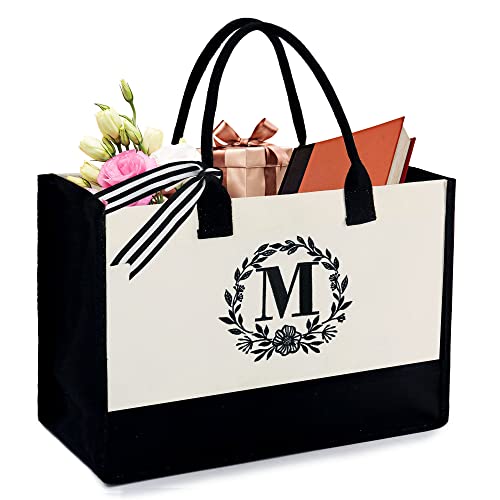BeeGreen Embroidery Monogram Initial Tote Bag for Women Teacher Mom Friend Personalized Gift for Birthday Beach Wedding Work