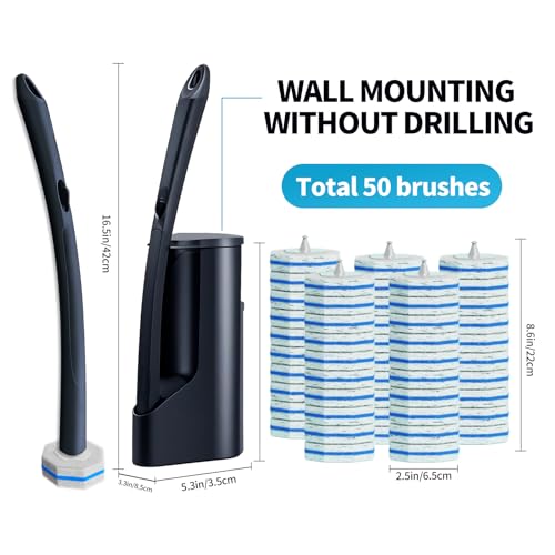 Disposable Toilet Brush with 50 Wand Cleaner Refills Pads，Wall Mounted Toilet Bowl Holder Set，Toilet Cleaning System Start...
