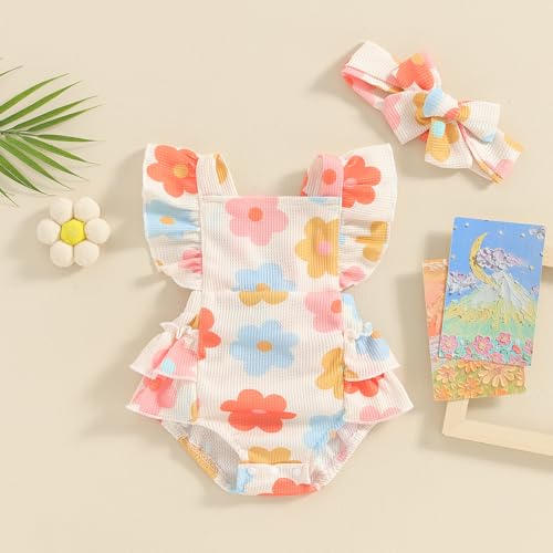 Hibabying Summer Baby Girl Clothes Fly Sleeve Ruffle Floral Romper Newborn Girls Jumpsuit Boho Cute Outfits