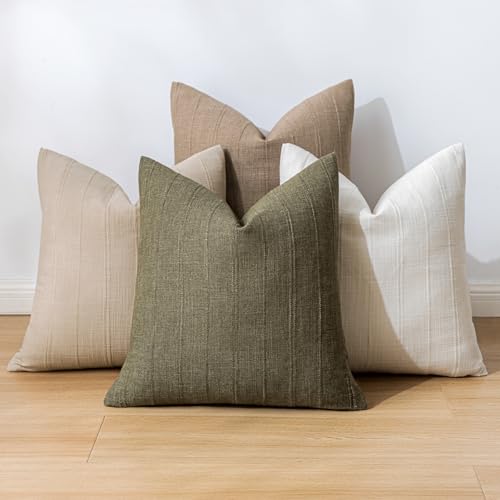 SINYASAN Soft Linen Striped Throw Pillow Covers 18"x18" Set of 2, Olive Green Textured Decorative Pillow Cases for Sofa Be...