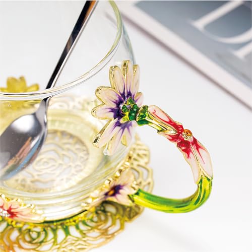 Flower Tea Cup ,Daisy Flower Clear Glass Fancy Coffee Cup with Spoon,Gift Box for Her Mom Wife Grandma Girls Friends Valen...