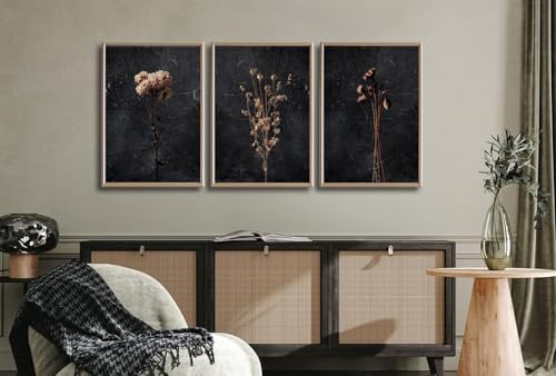 FTQYQLD 3Pcs Moody Dried Flower Wall Art Canvas Prints Dark Moody Botanical Unframed Poster Set Modern Farmhouse Home Deco...