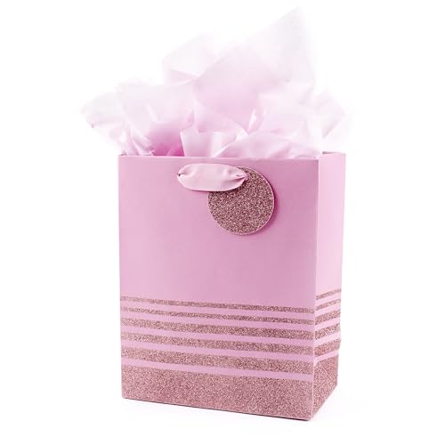 Hallmark 9" Medium Gift Bag with Tissue Paper (Pink Glitter Stripes) for Valentines Day, Birthdays, Baby Showers, Bridal S...