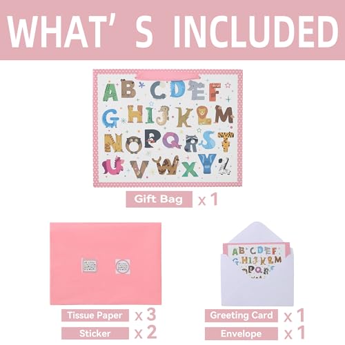 Qirrmiy 13'' Large Baby Girl Gift Bag Set with Handles, Greeting Card, Pink Tissue Papers and Stickers for Baby Girls Kids...