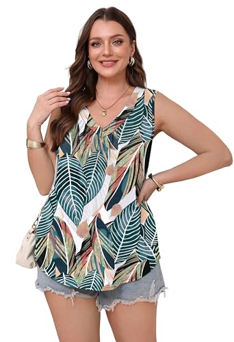OFEEFAN Tank Top for Women Loose Fit Sleeveless Shirts V Neck Summer Clothes Ruched Women's Tees and Tanks Curved Hem