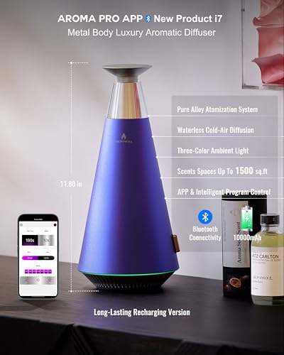 Wireless Rechargeable Waterless Oil Diffuser Starter Kit - 1500 Sq Ft Coverage, Alloy Atomization System,Mood Light,Hotel ...