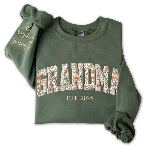 Personalized Floral Embroidered Applique Grandma Sweatshirt For Women, Custom Grandma Gifts from Grandkids, Mimi Sweater, ...