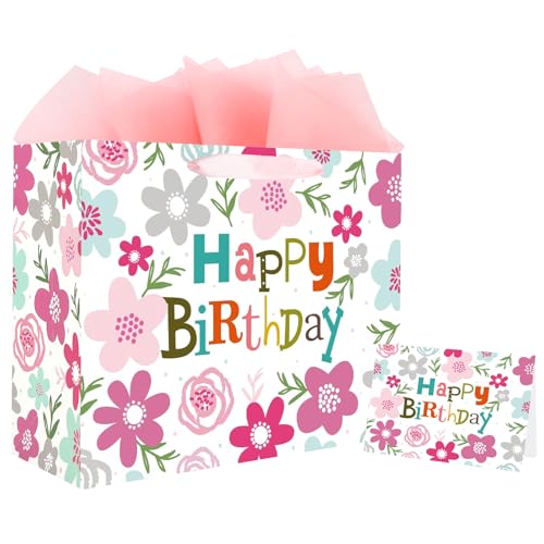 ASYEHJNR 13" Large Size Happy Birthday Gift Bag Pink Gray Teal Floral Flower with Colorful Happy Birthday Sign Boho Gift B...