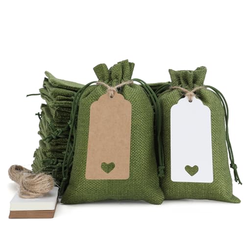 Tapleap Green Small Gift Bags with Drawstring - 30Pcs 4x6 Burlap Sacks for Wrapping Favors, Soap, Jewelry, Crosses Games, ...