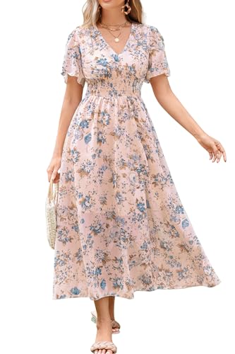 Women's Floral Maxi Dress Flowy V Neck Empire Waist Summer Wedding Guest Party Casual Chiffon Dress