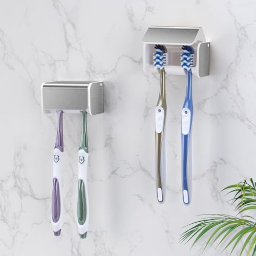 PARKMANI 2 PCS Toothbrush Holders Wall Mounted with Cover, Electric Tooth Brushing Holder for Bathroom, 2 Slots Self Adhes...