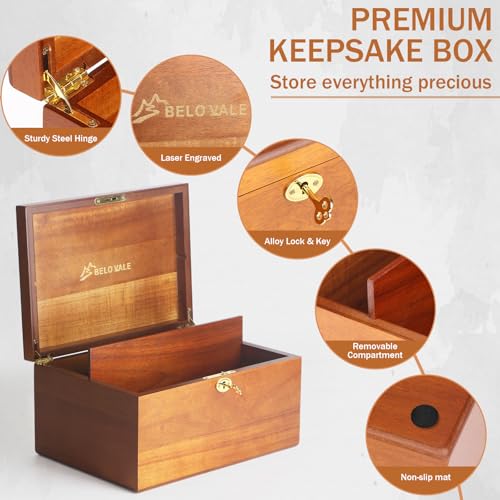 BELO VALE Premium Acacia Keepsake Box, Lockable Hand-Crafted Memory Box For Keepsakes with Removable Compartment,Wooden De...