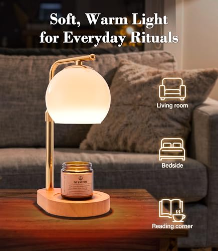 Nesscent Ivory Glass Candle Warmer Lamp Adjustable Height with Timer 2 4 8H Modern Wax Melt Warmer with Dimmer Wood Base I...