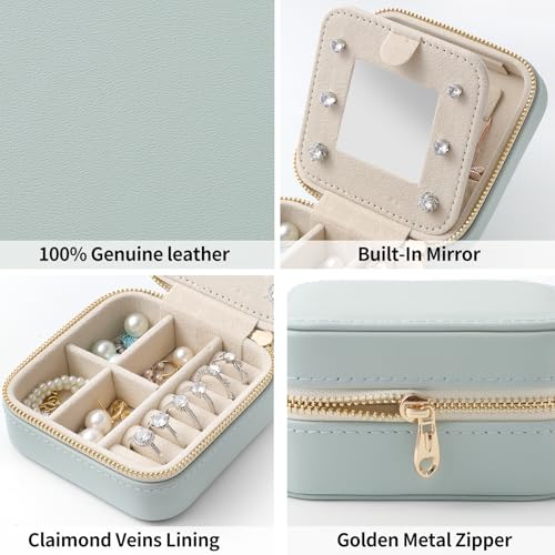 NGVRC Genuine Leather Travel Jewelry Case Organizer with Mirror for Women, Small Jewelry Box Portable Mini Jewelry Case fo...