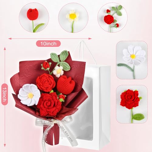 MengxFly Crochet Flower Bouquet Red Handmade Crochet Flowers, Romantic Gift for Her, Knitted Floral Bouquet with Gift Box ...