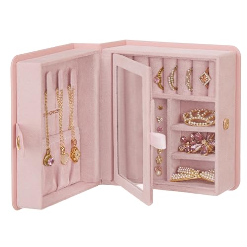 SONGMICS Jewelry Box Organizer with Mirror, Travel Jewelry Case with Pocket for Bracelet, Interlayer, 4.6 x 5.2 x 2.8 Inch...