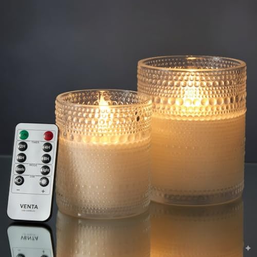 VENTA Realistic Glow Flameless Candles | Decorative Set of 2 in White Dotted Glass with Remote & Timer | Decorative Table ...