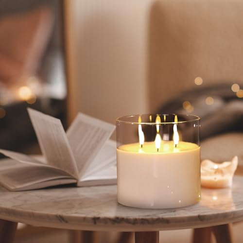 Eywamage 3 Wick Clear Glass Flameless Candle with Remote, Large Flickering LED Battery Pillar Candle Φ 6" H 6"