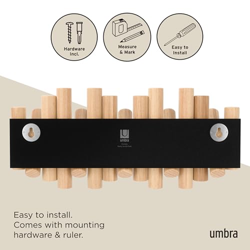 Umbra Picket Coat Rack Wall Mount – 5 Flip-Down Wood Coat Hooks, Modern & Functional Storage, Easy Install Wall Hooks, Nat...