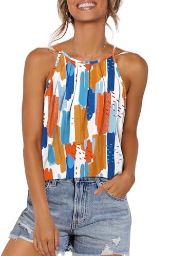 WlHOLL Womens Pleated Tank Tops Spaghetti Strap Camisole Halter Tops Curved Hem Fashion 2026