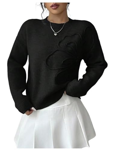 Verdusa Women's Spring 3D Flower Appliques Crewneck Sweaters Long Sleeve Drop Shoulder Pullovers Knit Going Out Tops
