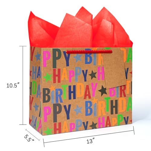 LaRibbons 13" Large Kraft Birthday Gift Bag with Tissue Paper and Greeting Card, Colorful Text Happy Birthday and Stars De...