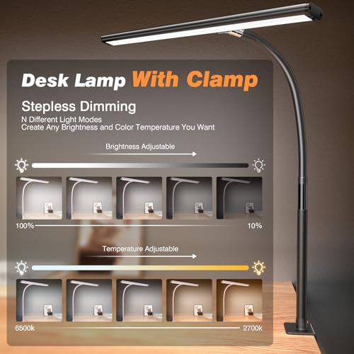 Airlonv LED Desk Lamp for Office Home, Eye-Caring Desk Light with Stepless Dimming Adjustable Flexible Gooseneck, 10W USB ...