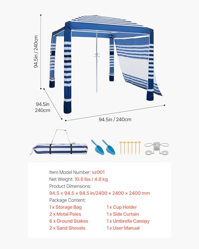 VEVOR Beach Cabana, 8 x 8 ft Beach Canopy with Side Wall, UPF 50+ Protection Easy Setup Cabana Tent with Sand Pockets, Adj...