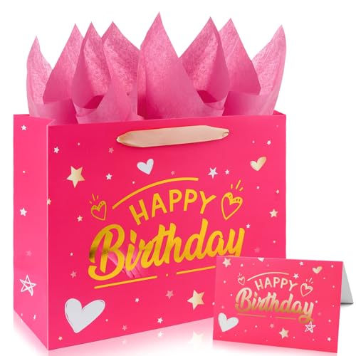 Yixiang Birthday Gift Bags,13 Inches Birthday Gift Bag with Tissue Paper and Greeting Card for Women,Girls