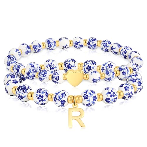 Maxcate Bead Charm Heart Initial Bracelet for Women Girls - 2PCS Flower Vintage Heart Initial Bracelet Teen Girls Gifts Ha...