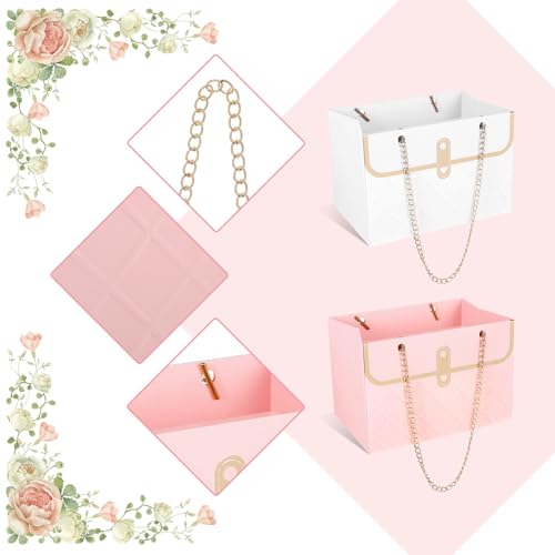 4 Pcs Flower Paper Gift Box Bouquet Storage Bucket, Flower Boxes Wedding Florist Handbag with Metal Chain, Floral Craft Wr...