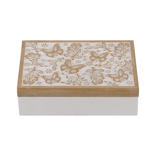 Synovana Wooden Keepsake Box - Decorative Wood Boxes with Hinged Lid, Butterfly Engraved Design, 10.24" W