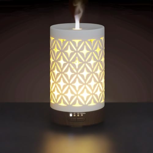 Earnest Living Essential Oil Diffuser for Home White Ceramic 100ml Aromatherapy Diffuser with 4 Timers 7 Night Lights and ...