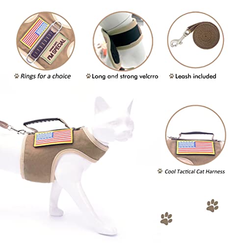 Tactical Cat Harness and Leash for Walking Escape Proof, Adjustable Cat Walking Jackets, Padded Stylish Cat Vest, Khaki, L...
