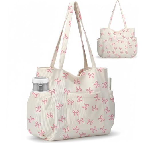 Corduroy Tote Bag for Women,Large Capacity Cute Tote Bags With 6 Pockets,Crossbody Shoulder Handbag for Work Travel Gym