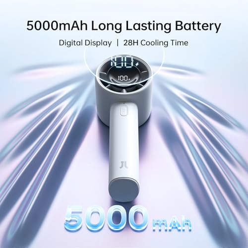 JISULIFE Handheld Turbo Fan, 5000mAh Rechargeable Portable Fan, Up to 28H Runtime, 5-Speed Powerful Airflow, Mini Personal...