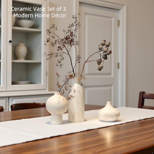 SincereLuxe White Ceramic Vase Set of 3 in Beige, Modern Aesthetic Stone-Look Textured Pottery Vases for Shelf & Bookshelf...