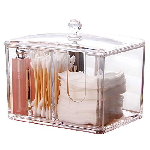 Watpot Qtip Cotton Pad Holder Dispenser Cotton Ball and Swab Storage with Lid Clear Acrylic Cotton Round Organizer, 4 Sect...