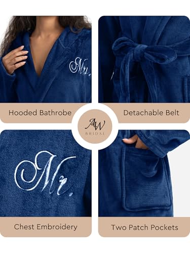 AW BRIDAL 2Pcs Mr and Mrs Robes for Couples Fleece, Matching Long Hooded Robes for Men Women, His and Hers Wedding Gifts