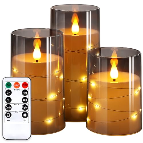 NURADA Flickering Flameless Candles: Built-in Star String Lights 3D Wick Acrylic Battery Operated LED Pillar Candles with ...