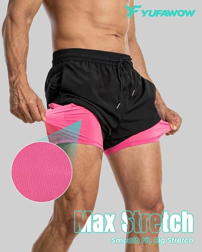 Yufawow Men Swim Trunks with Compression 7 Inches Breathable Liner Quick Dry Zipper Pockets for Board Beach Gym Running